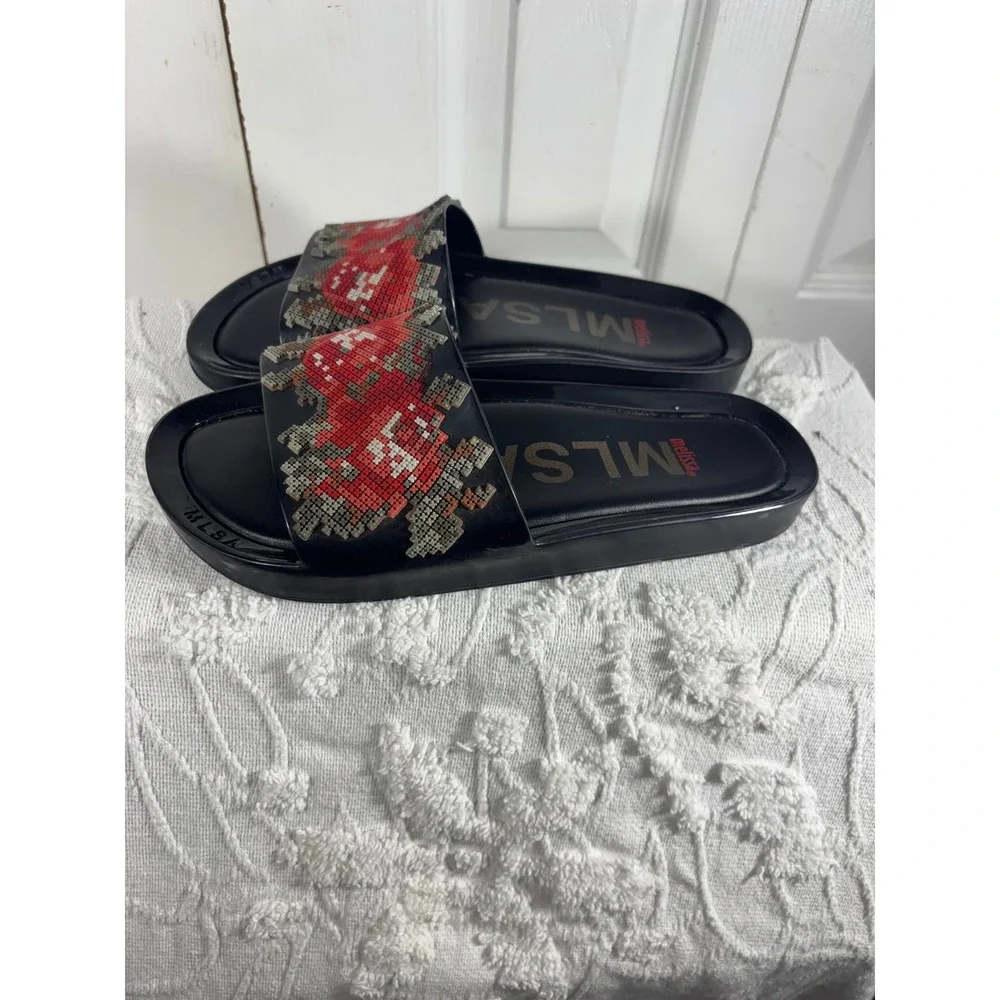 Melissa MLSA Adorn Slide Sandals Black Floral‎ Beaded Embellished Women's 8